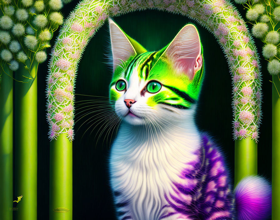 kitten with fushsia and lime-green striped fur