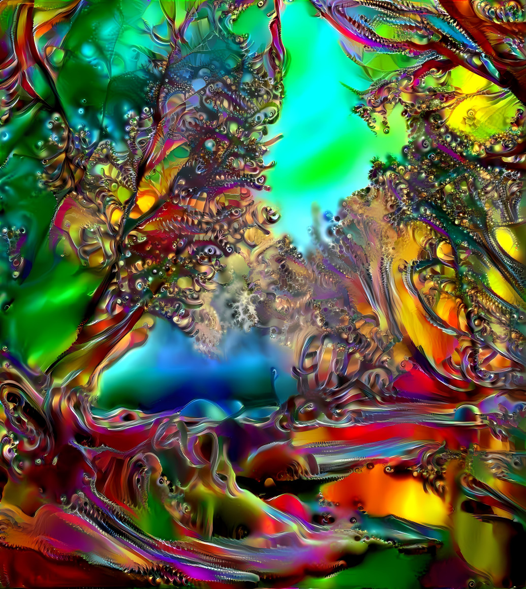 snowy trees around icy pond, red, green fractal, 2