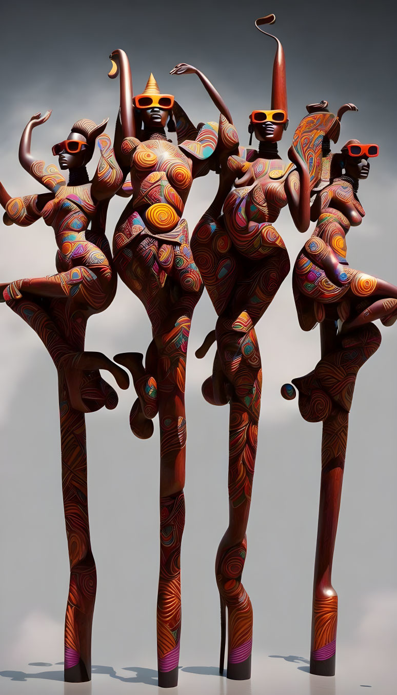 old african wood sculptures, tribal 3d, tropical