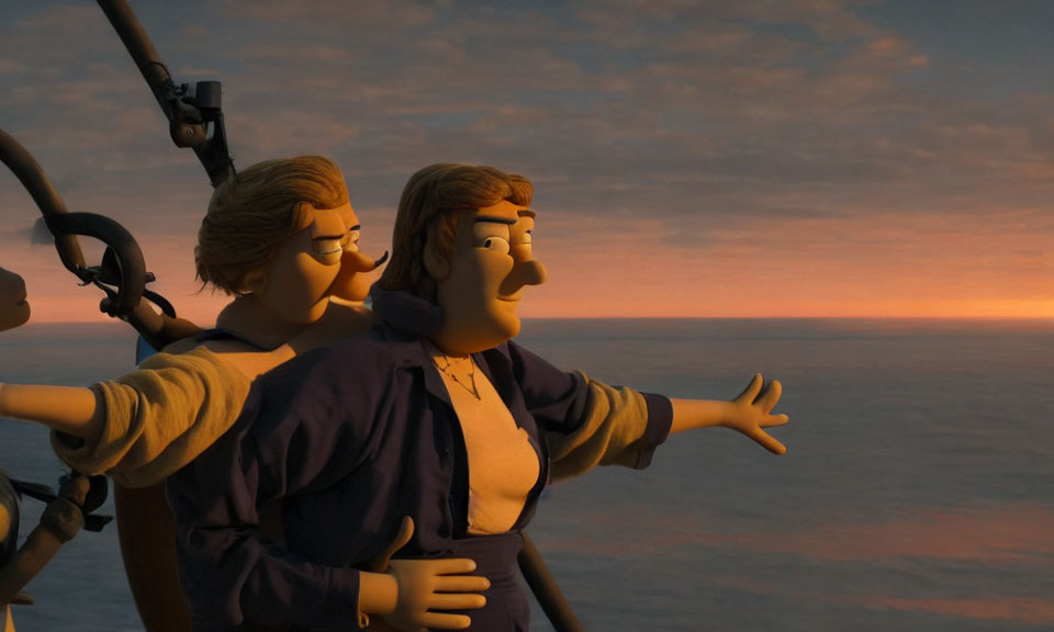 Two animated characters admiring sunset from high vantage point