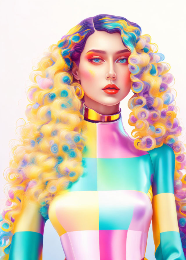 Colorful digital illustration of a woman with multicolored hair and bright blue eyes.
