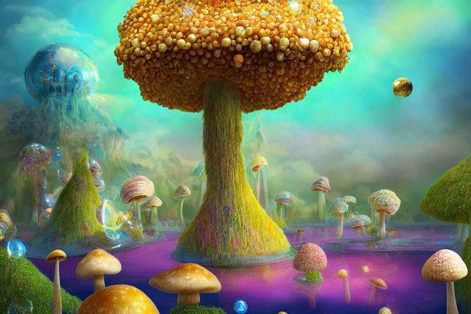 Colorful surreal landscape with mushroom trees, orbs, and jellyfish-like entity