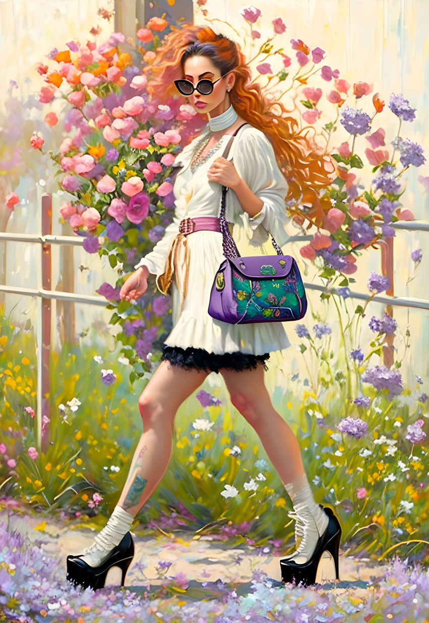 kittenpunk woman walking with purse, flowers