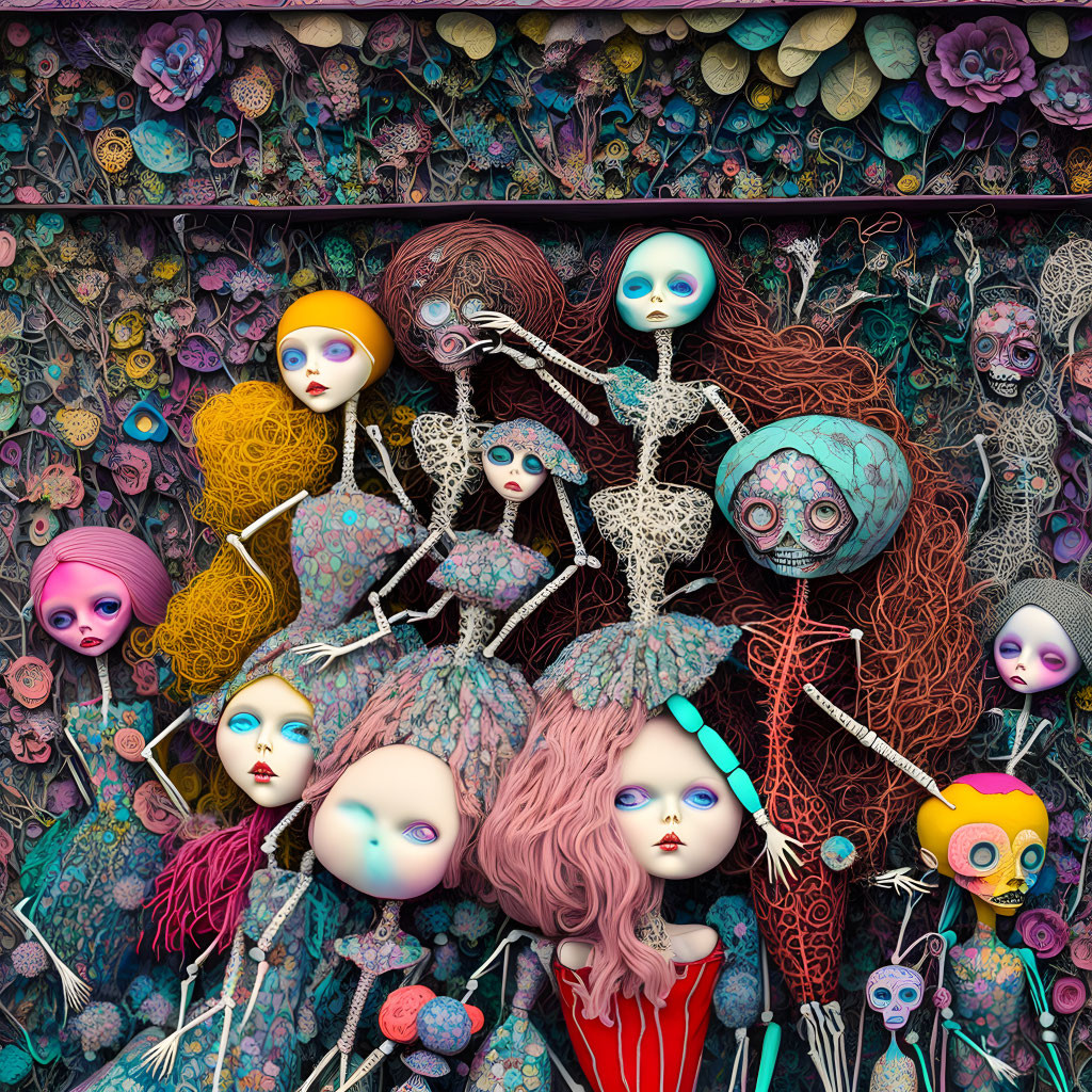 Dolls Assemblage art, colorful, fantasy