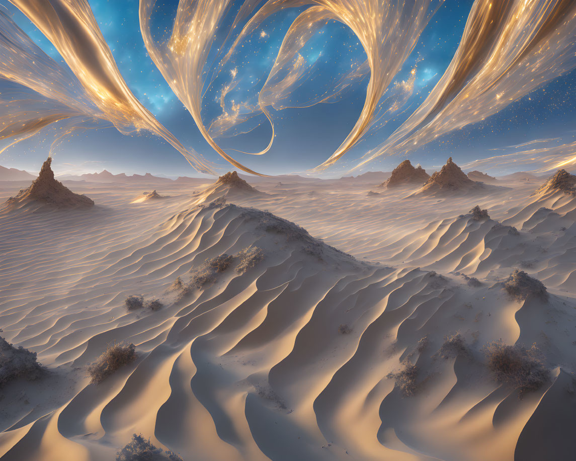 Surreal desert landscape with swirling golden light patterns