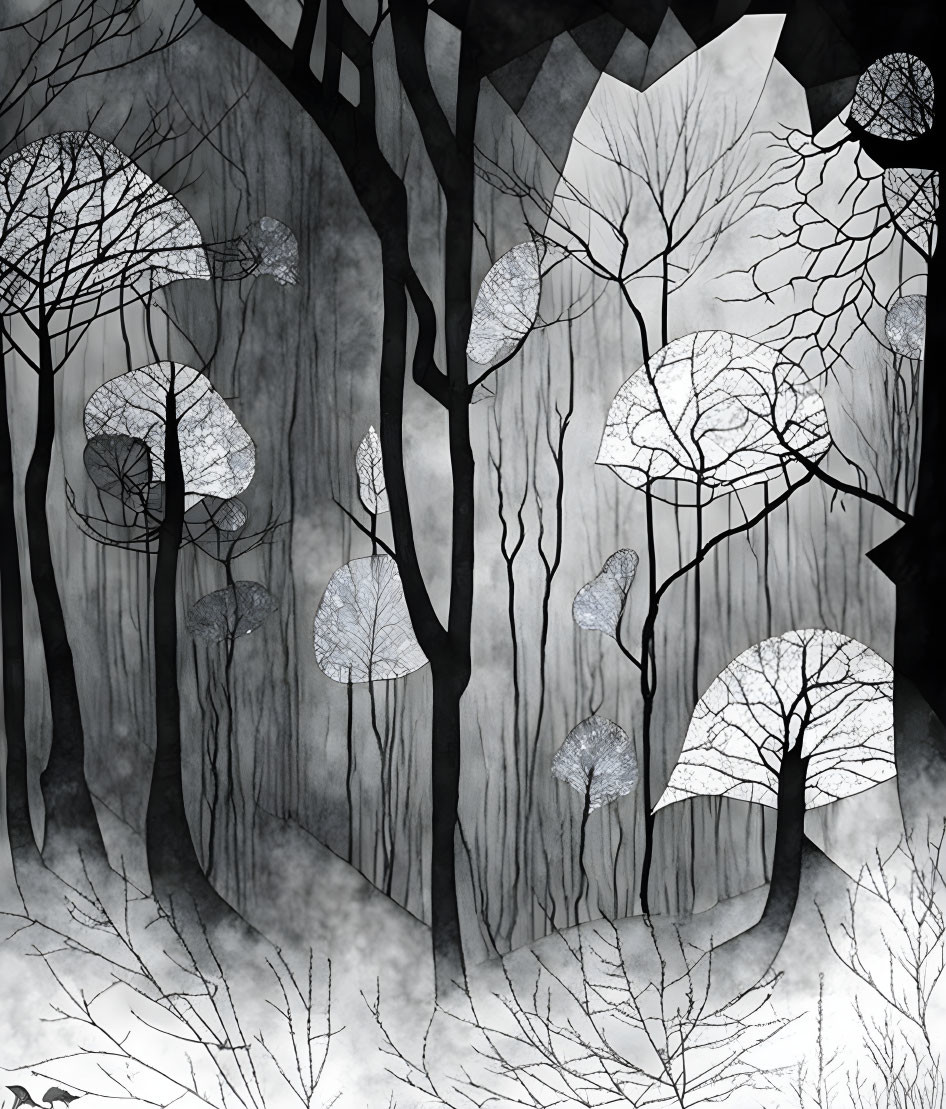 moody abstract black and white ink surreal forest