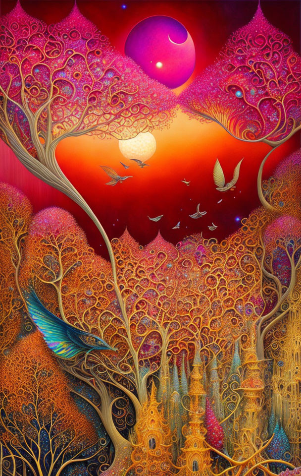 Surreal landscape with whimsical trees, orange-red sky, purple moon, and flying birds