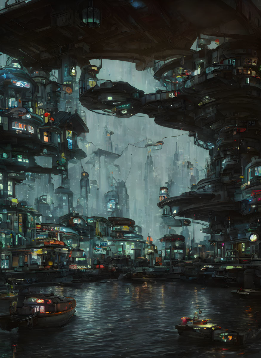 futuristic cyberpunk cityscape on the water