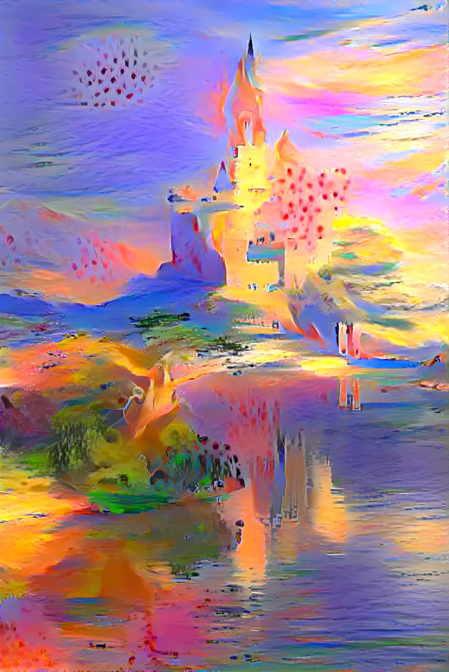 castle on lake, yellow, blue, green painting