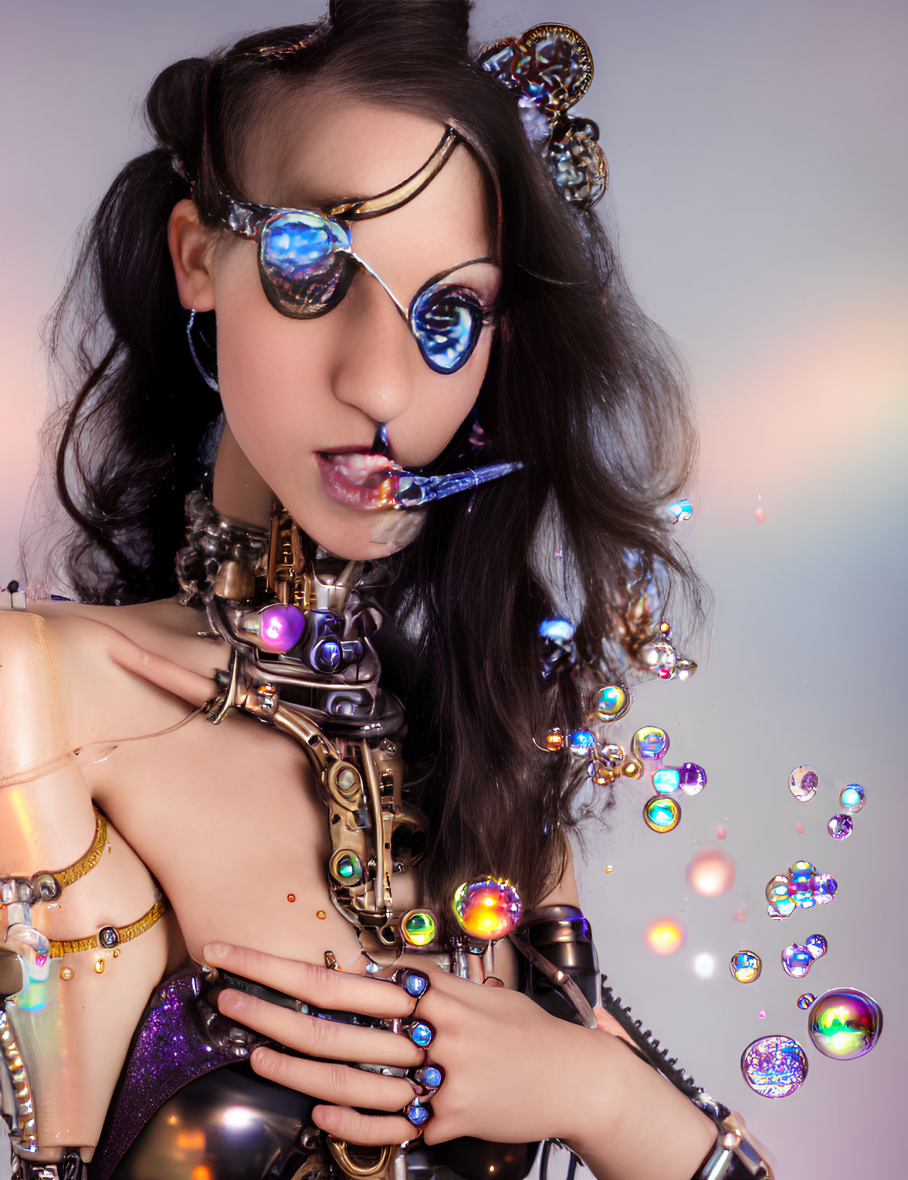 Cyberpunk-themed woman with metallic arm prosthetics and colored lens eyewear among floating iridescent