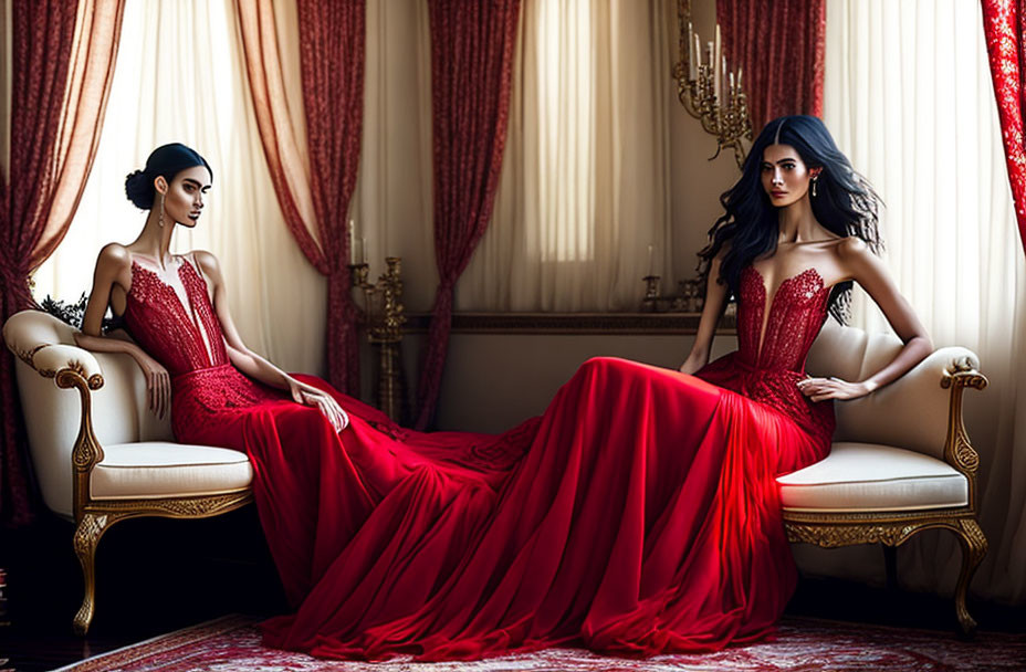 Elegant women in red gowns on classic white sofas in luxurious room