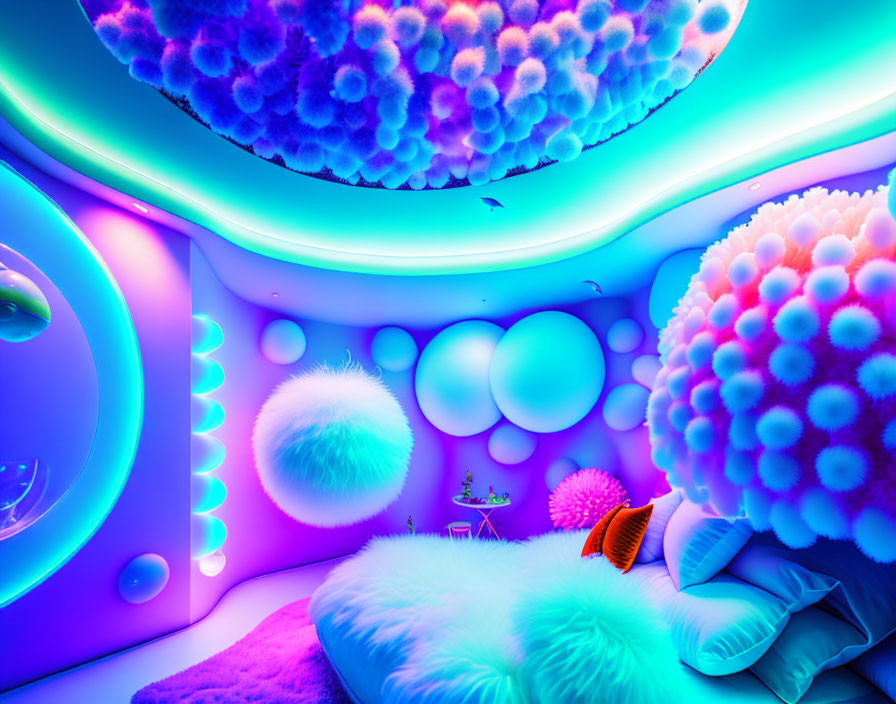 fluffy aqua aquarium bed, futuristic