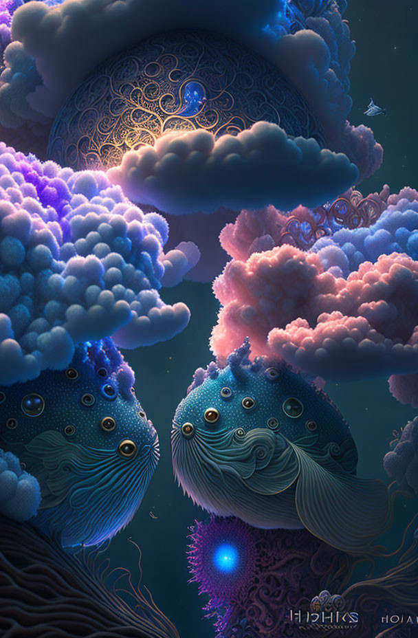 Surreal artwork: Fish with galaxy patterns swim under moon with intricate designs
