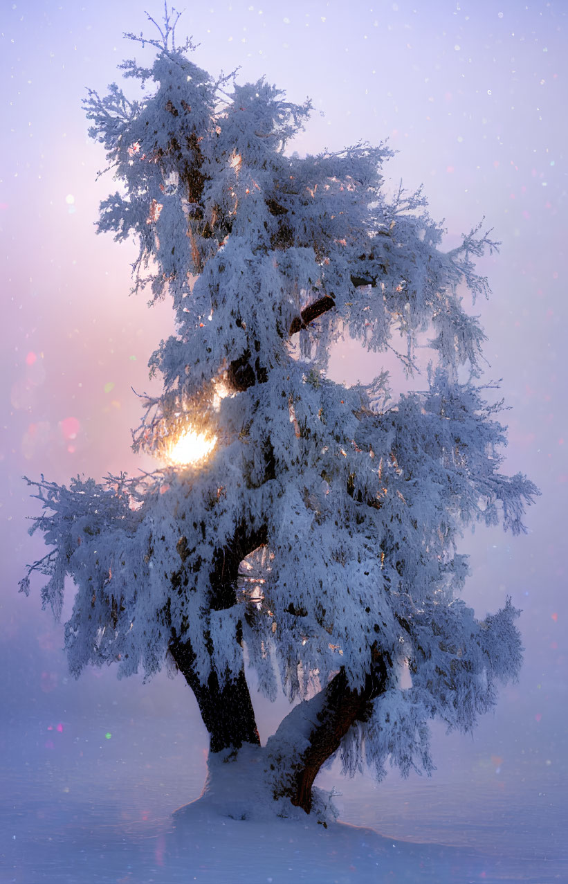 Snow-covered tree illuminated in warm light during twilight snowfall.