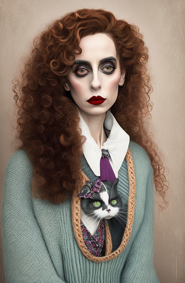 a portrait of Julia Roberts & cat, by Tim Burton