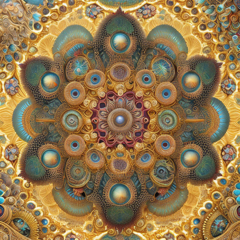 Intricate fractal image: Rich colors, symmetrical shapes & textures