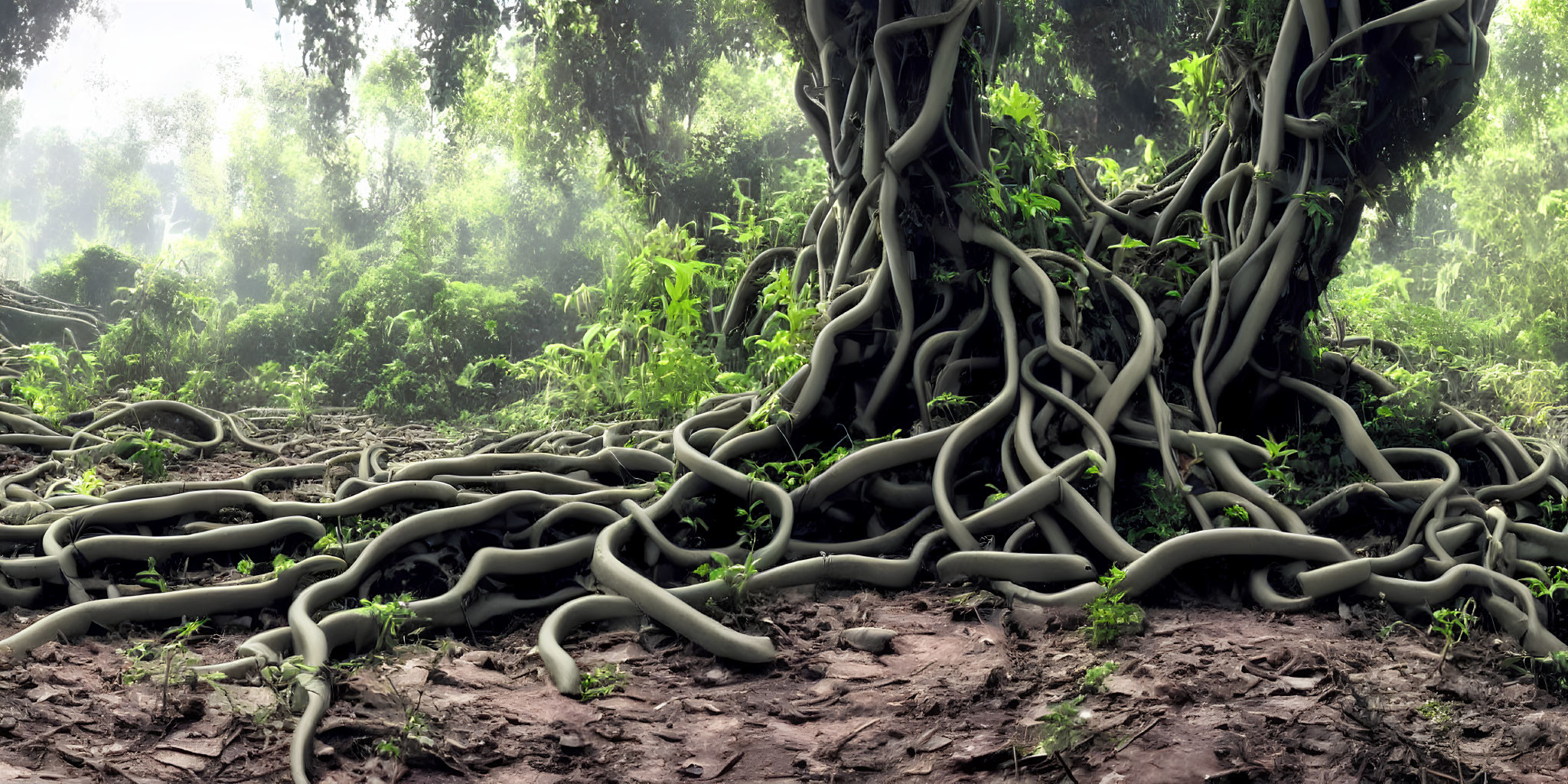 Misty forest scene with intertwined tree roots