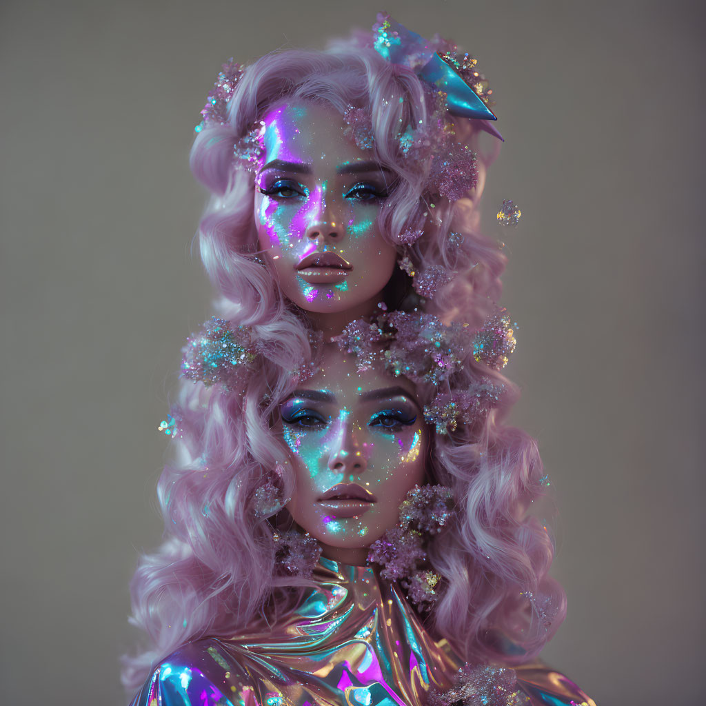 Women with shimmering makeup and glittery accessories in pastel hues.