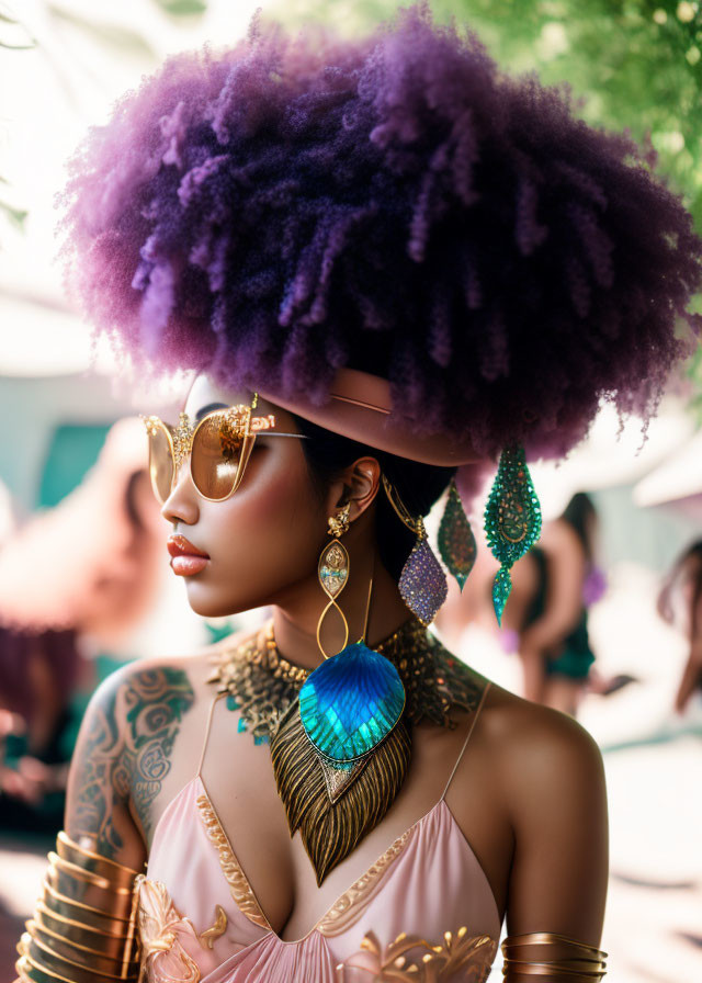 side profile, purple afro hair doo, creative boho