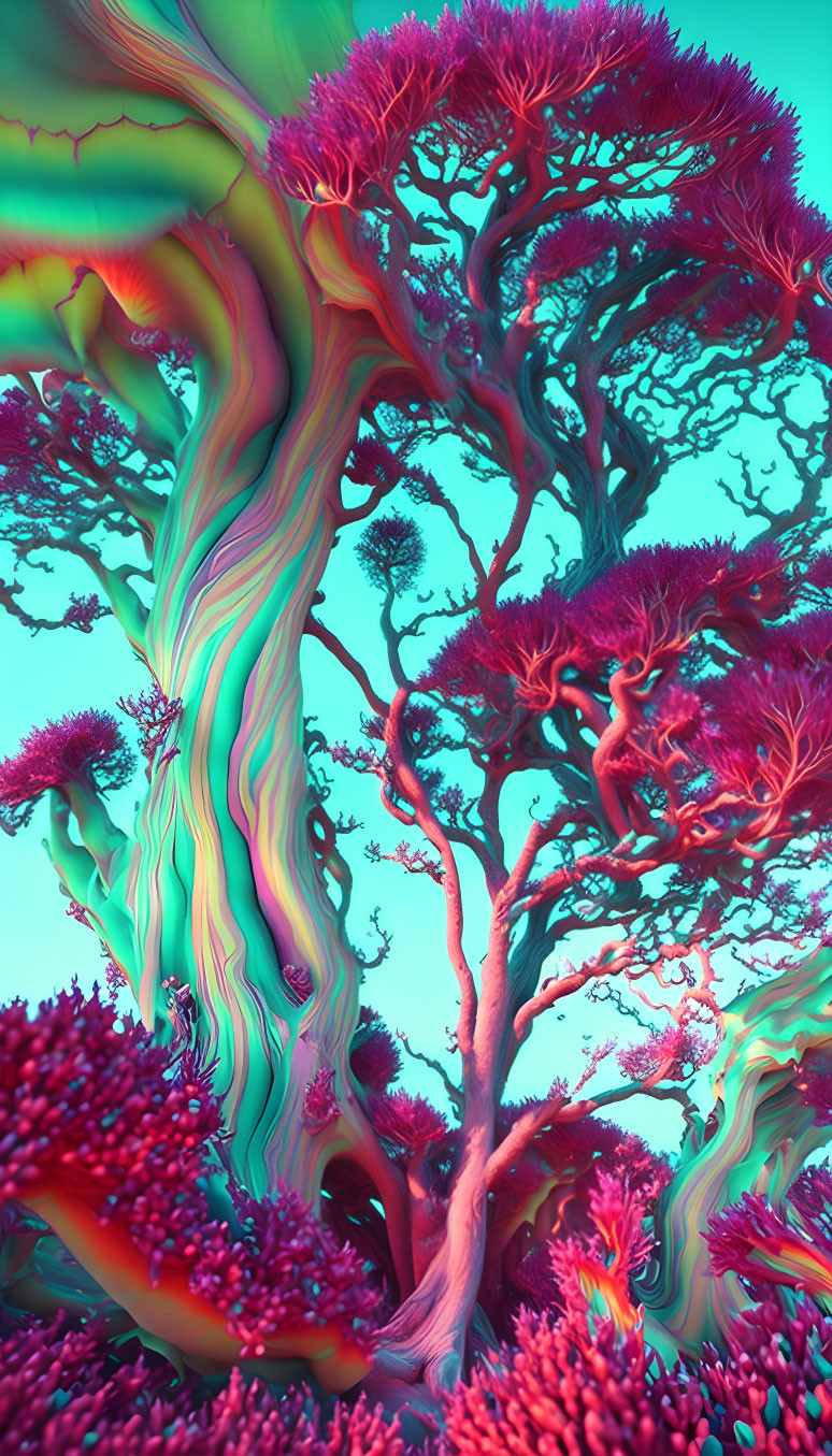 Colorful surreal tree illustration with swirling patterns on cyan backdrop