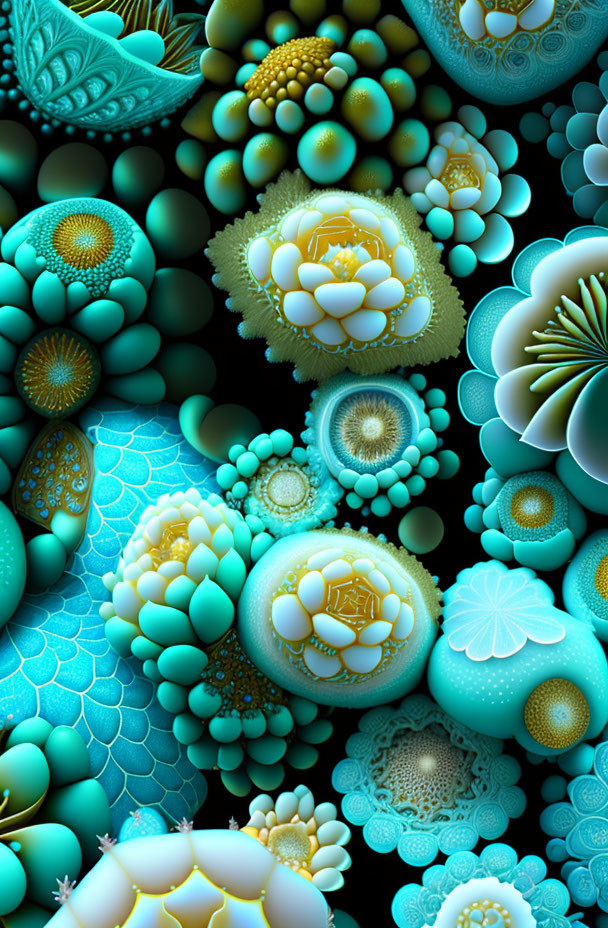 embossed turquoise lacy fractal fruits, vegetables