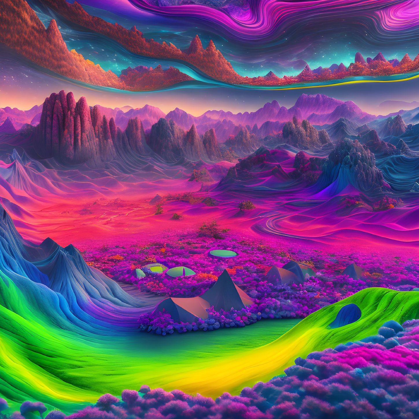 Colorful Neon Landscape with Surreal Mountains and Cosmic Skies