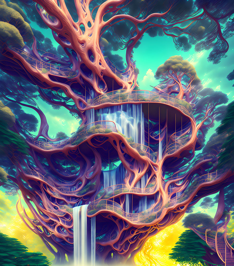 ai, biomorphic treehouse, waterfalls, fantasy