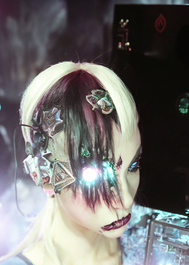 creepy cyborg goth gamer girl, glowing eye