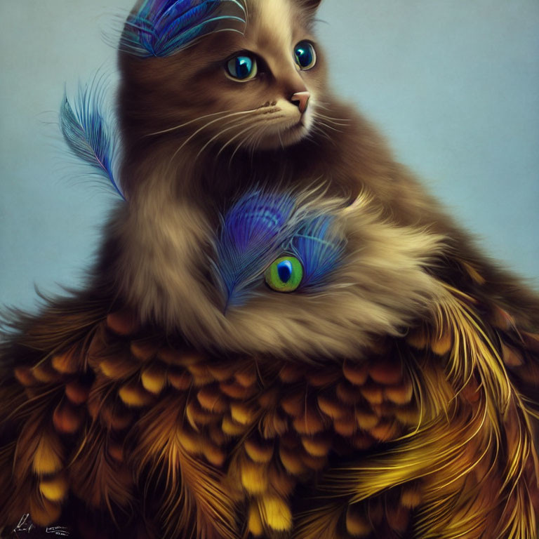 Surreal illustration of a cat with brown fur and peacock feathers