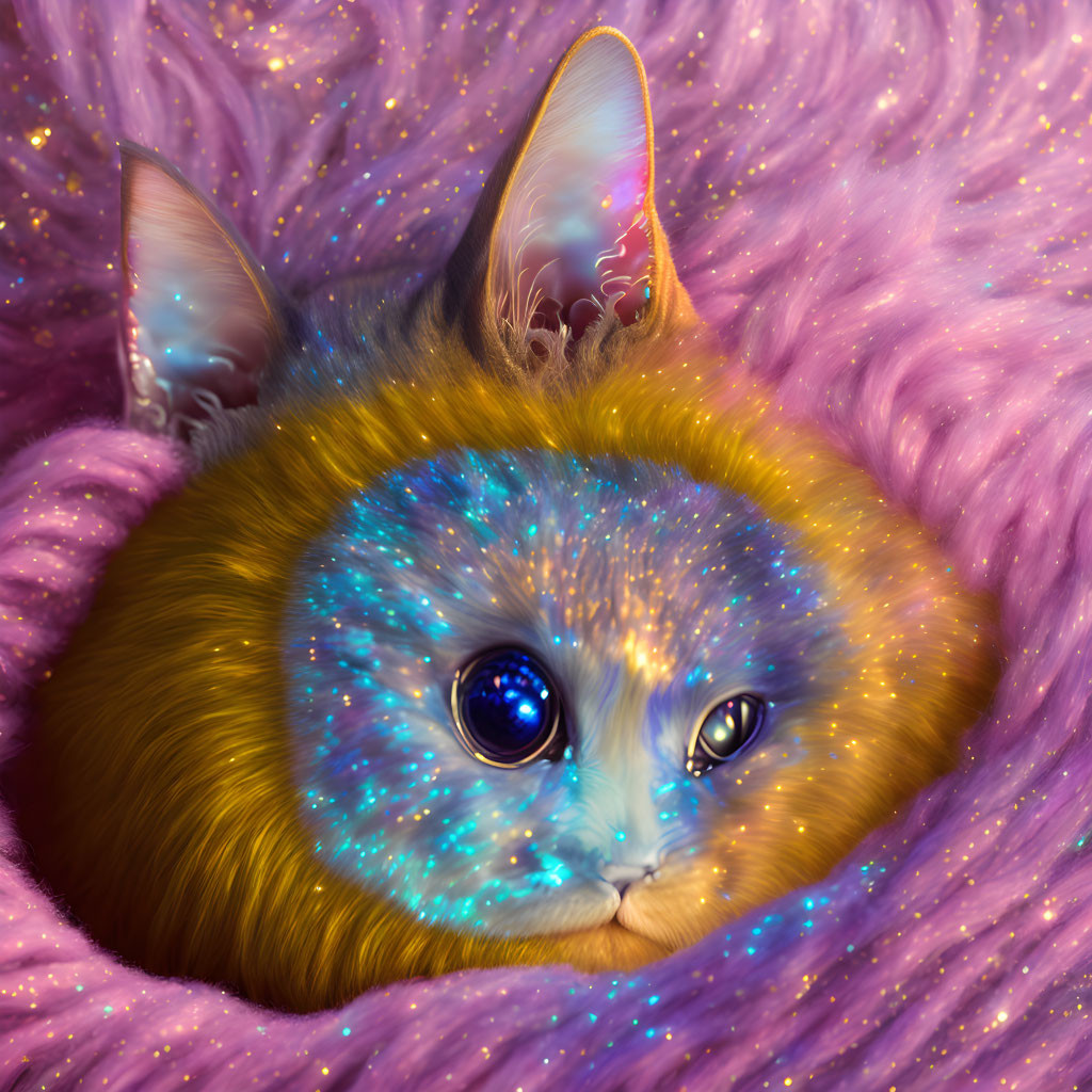 Cosmic-patterned cat with blue eyes on pink blanket