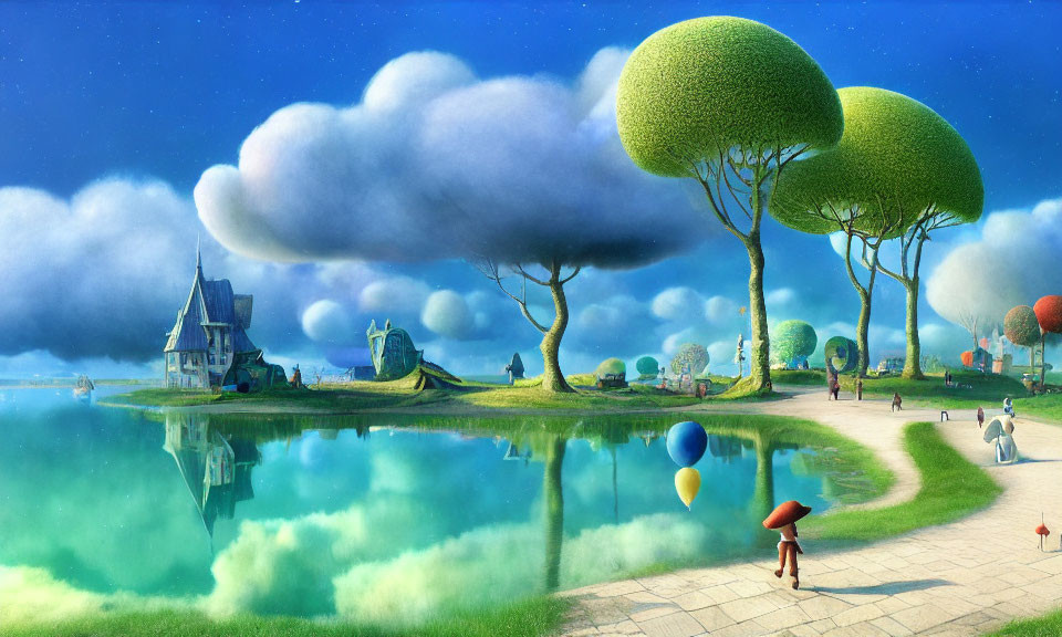 Surreal landscape with oversized trees, house, balloons, and serene lakeside walk
