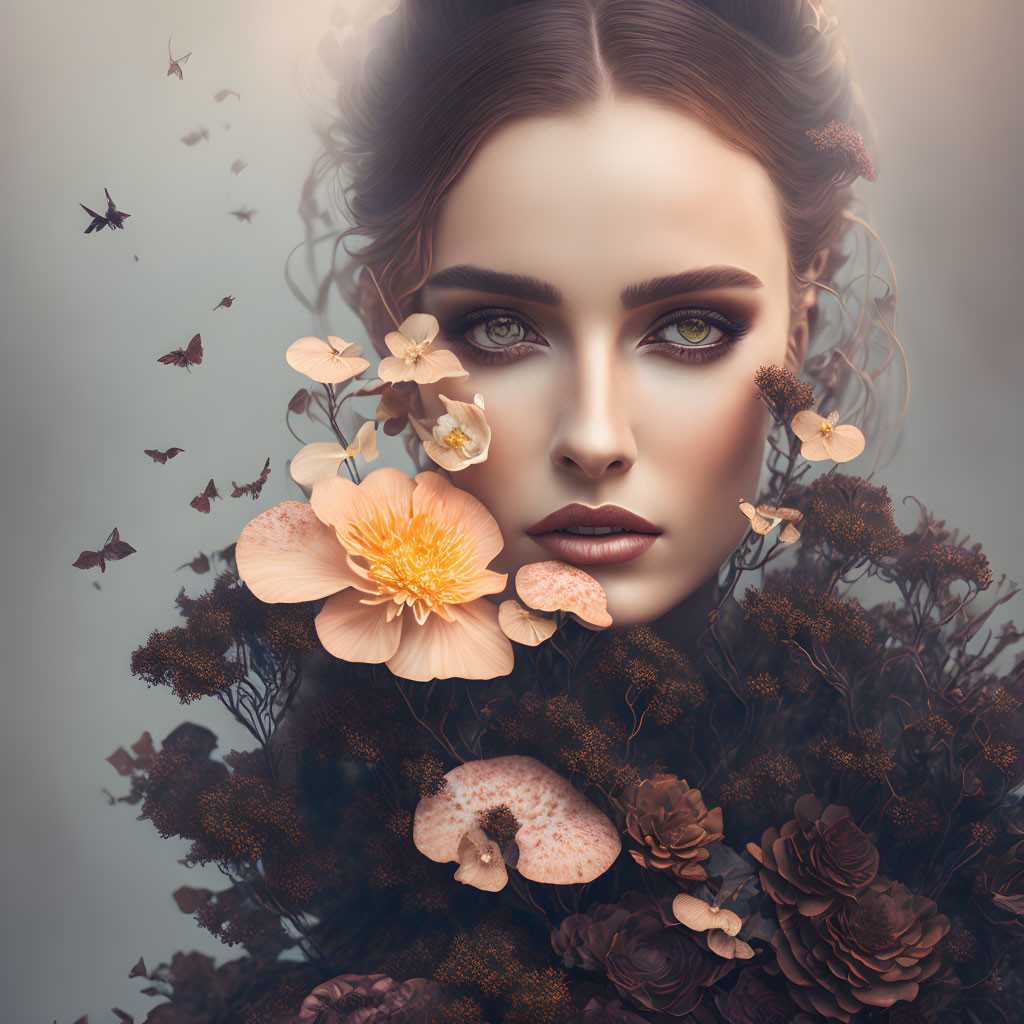 Surreal digital artwork: Woman with floral elements and butterflies
