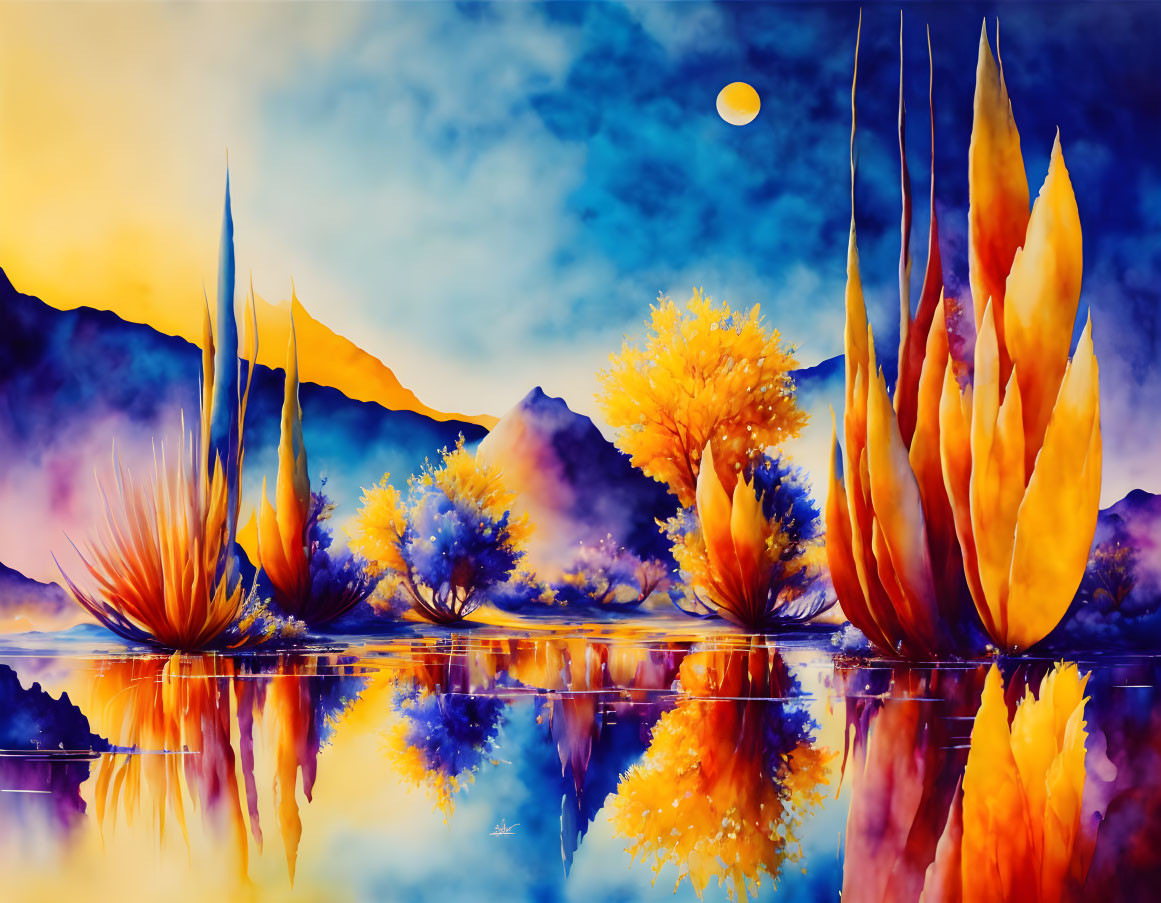Colorful Watercolor Painting of Surreal Vegetation by Reflective Water at Twilight