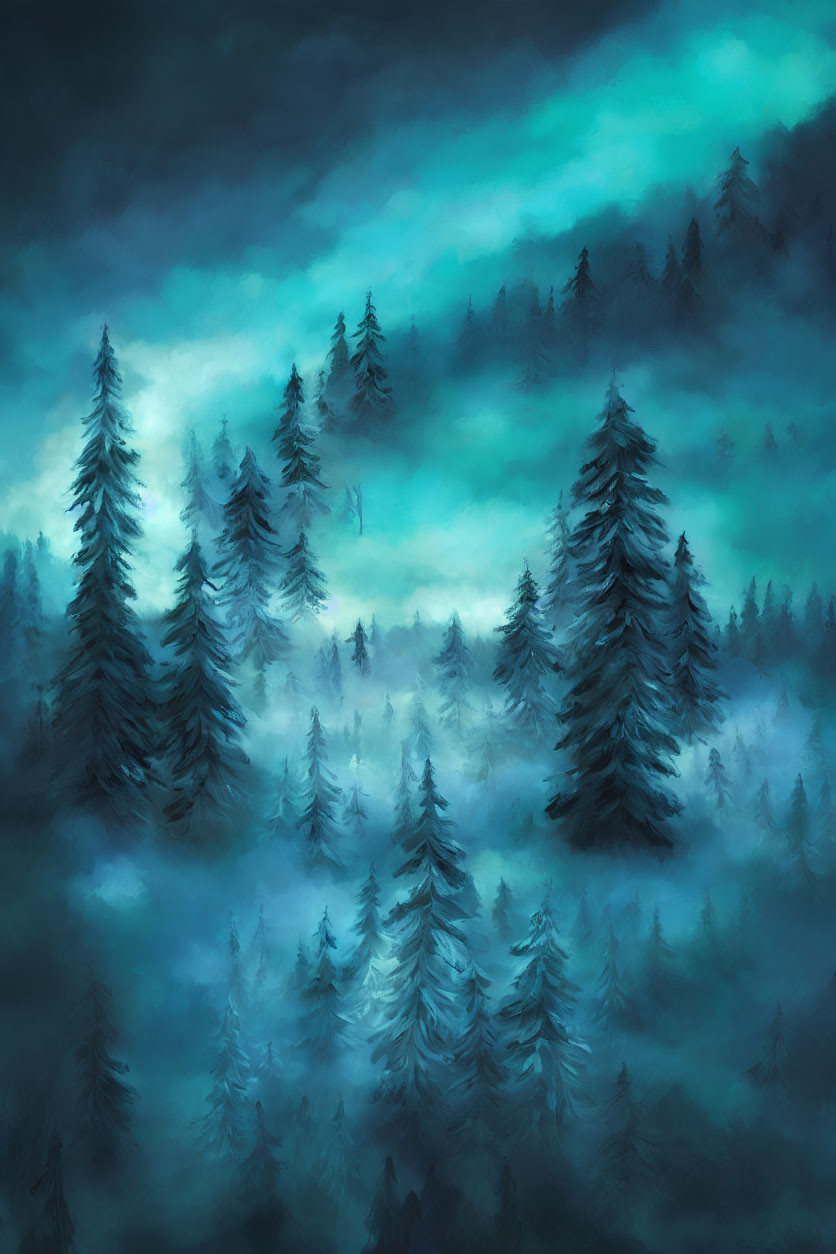 Mystical forest with tall pine trees in misty twilight