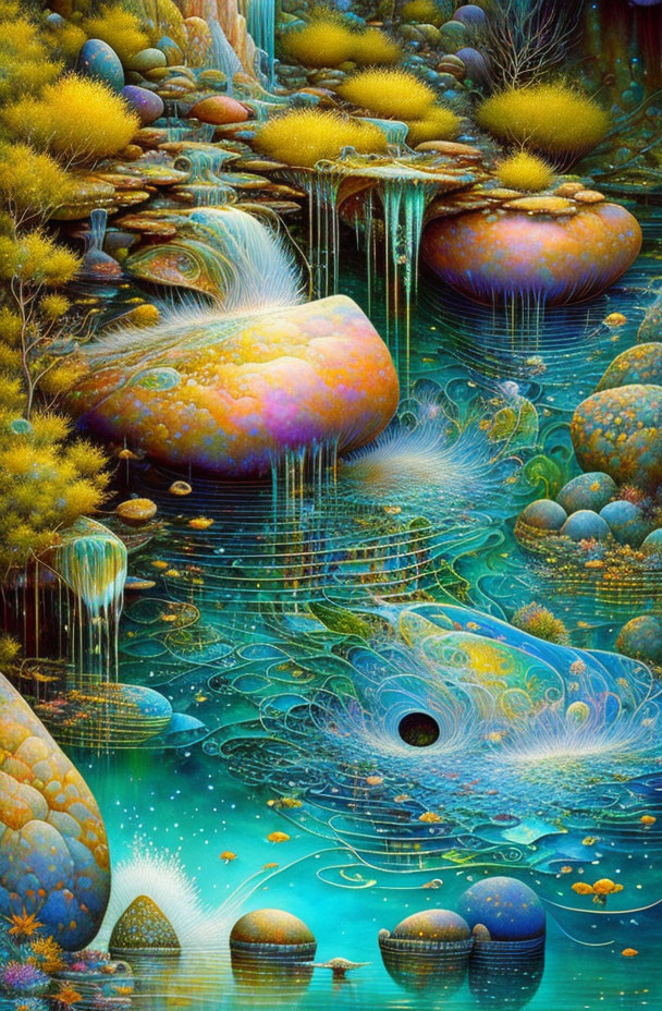 Colorful painting of rounded stones, waterfalls, and alien vegetation.