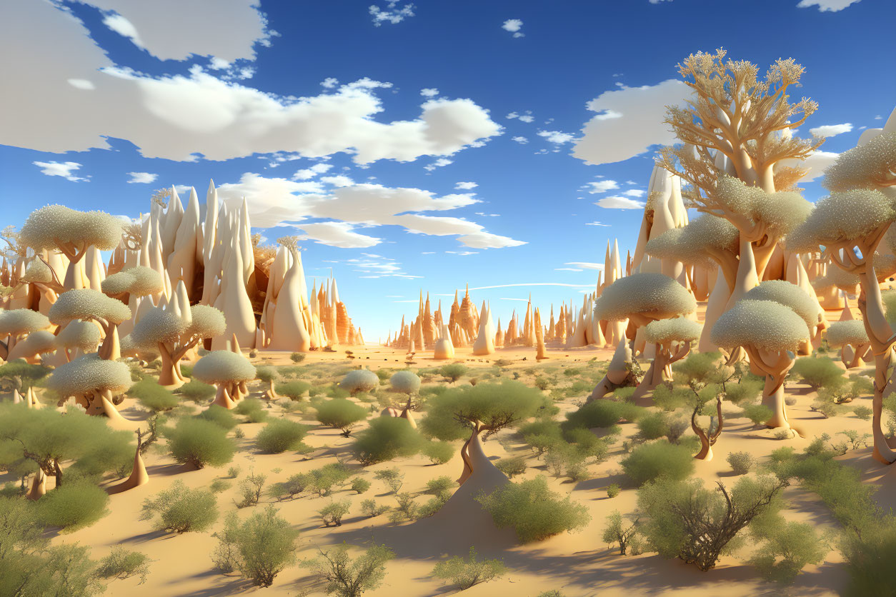 biomorphic desert white baobab landscape, bizarre