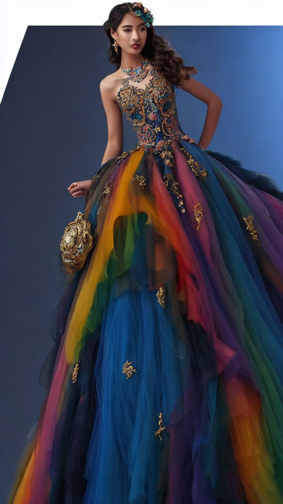 Elegant woman in strapless embroidered gown with multicolored tulle skirt