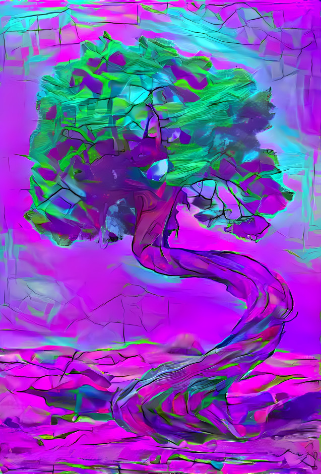 twisted tree, purple, green, painting