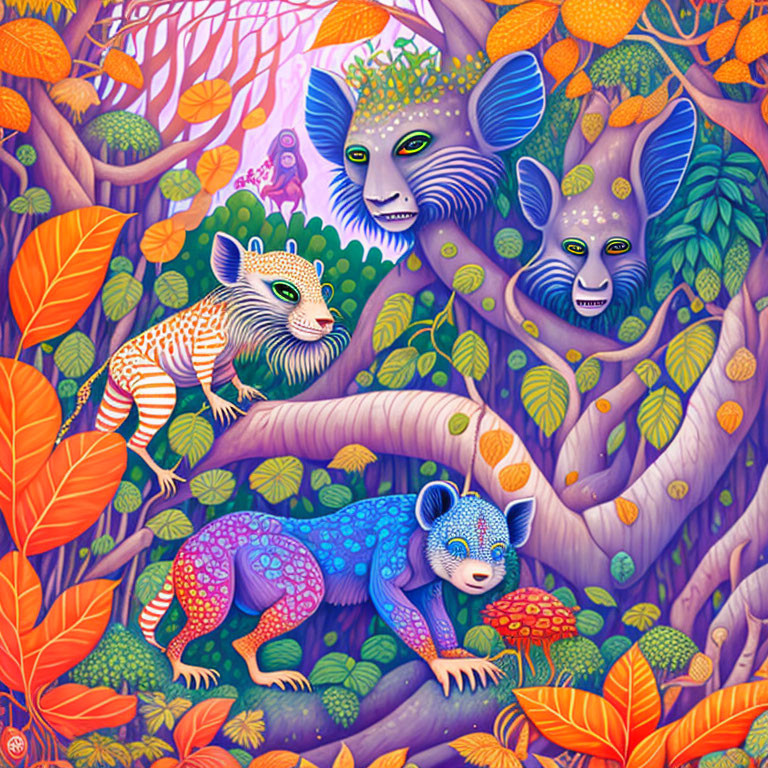 Colorful whimsical forest with vibrant animal creatures and lush vegetation