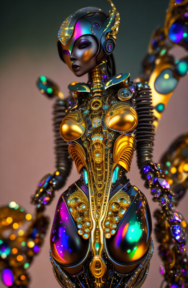 Futuristic humanoid android with golden and black designs on warm background