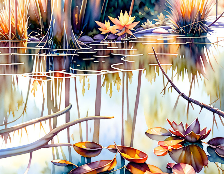 ai, pond reflection watercolor, wet on wet, splash