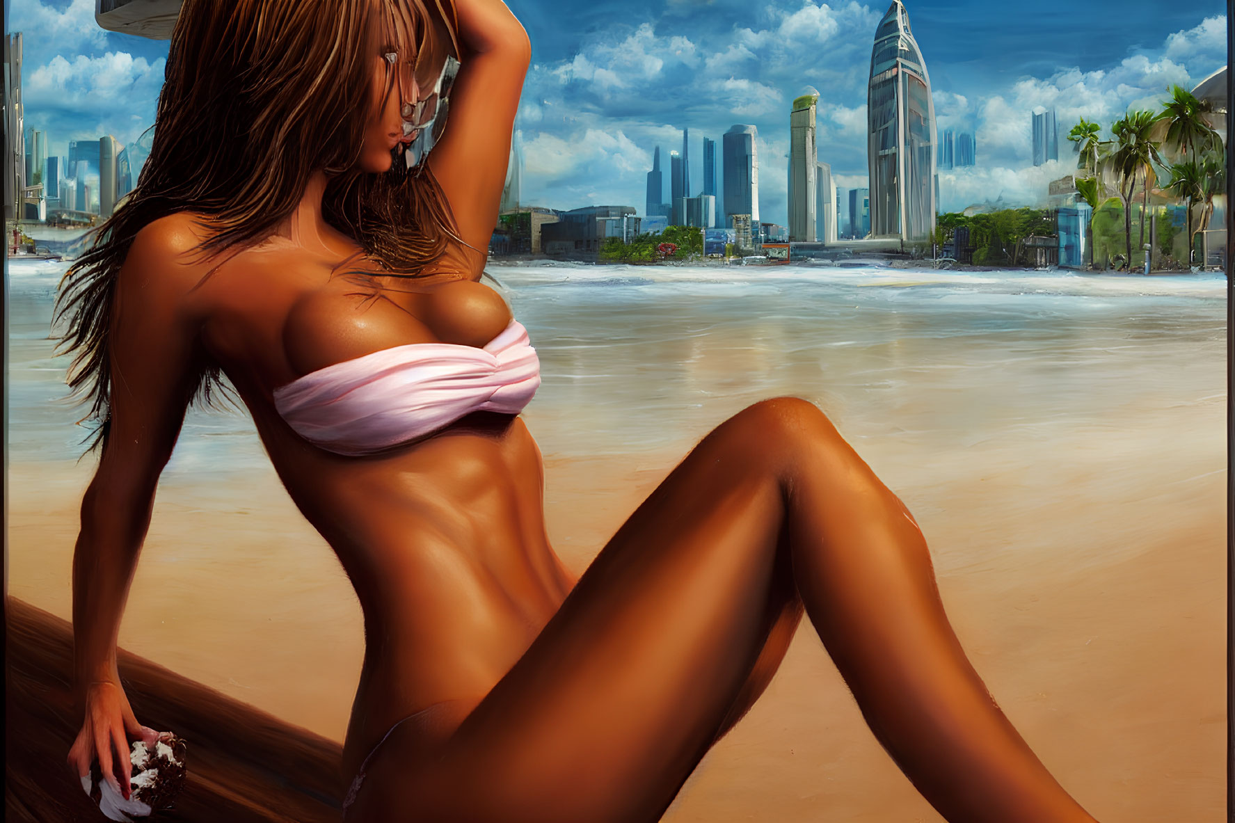 Digital artwork of woman in bikini on beach with skyscrapers backdrop
