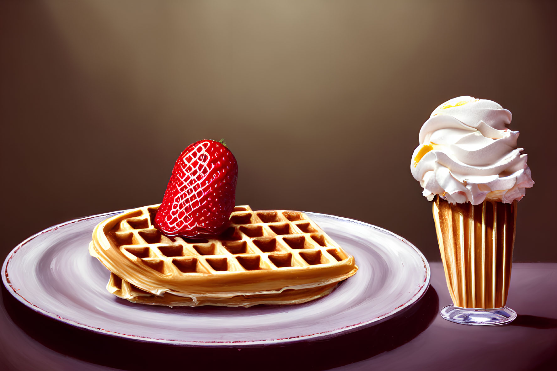 Golden waffle with ripe strawberry and whipped cream dessert on plate.