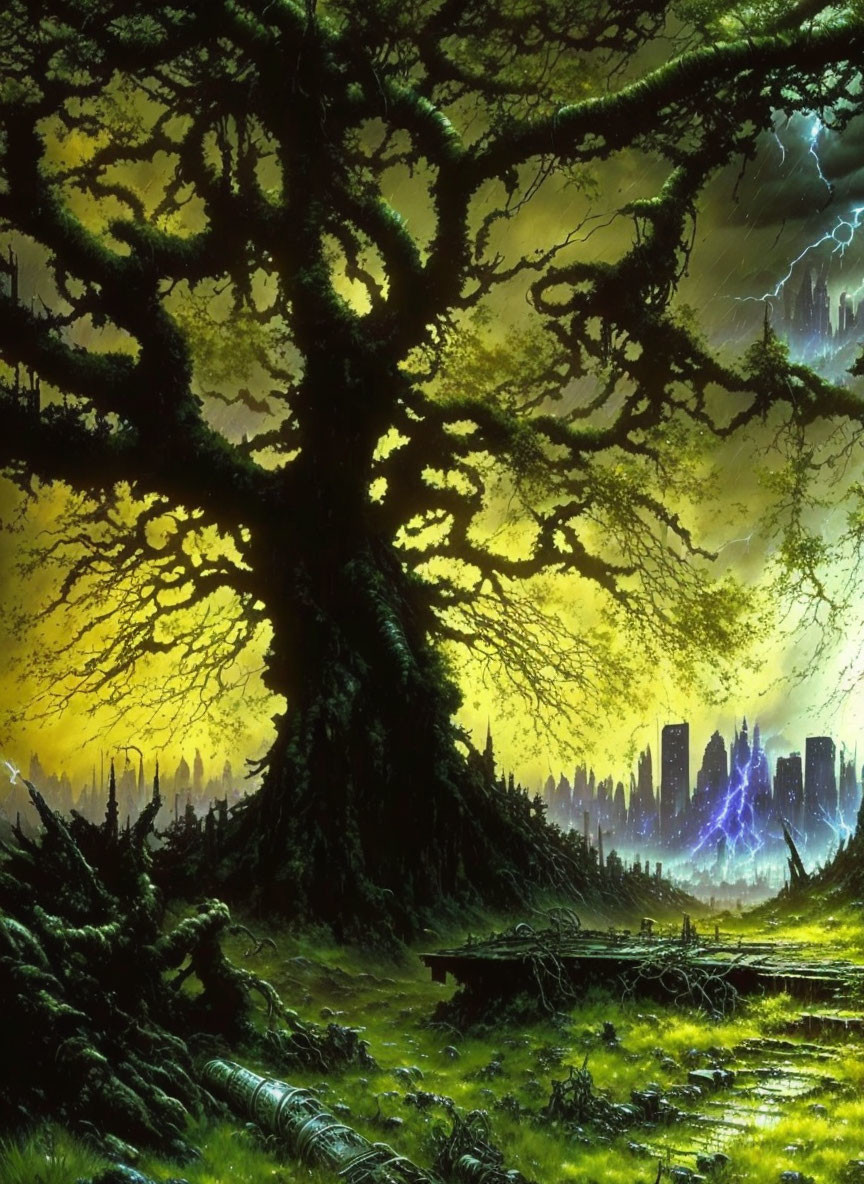 giant eldritch tree, post apocalyptic city skyline