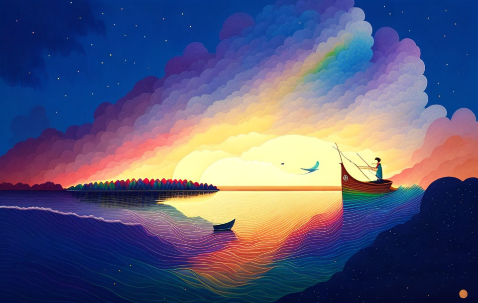 trees, boat, rainbow waterfall, layered clouds
