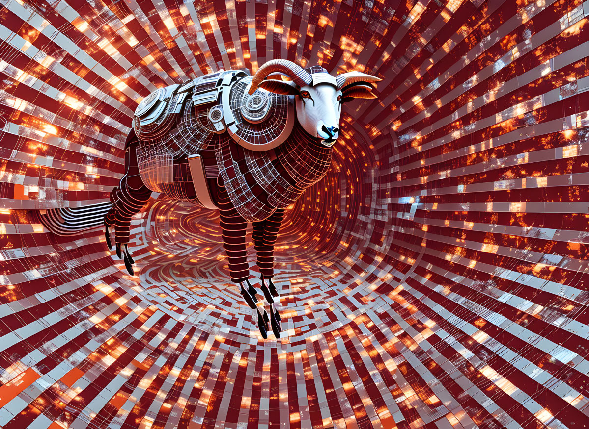 scifi metal sheep robot red silver striped tunnel