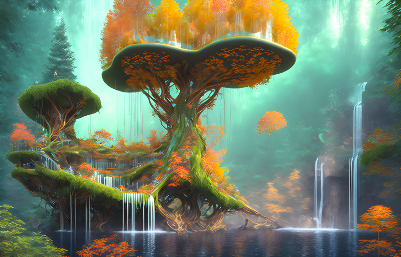 Enchanted forest with giant mushroom trees and waterfalls