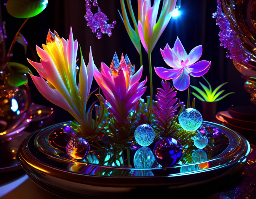 Vibrant neon artificial flowers and plants with glittering ornaments on dark backdrop