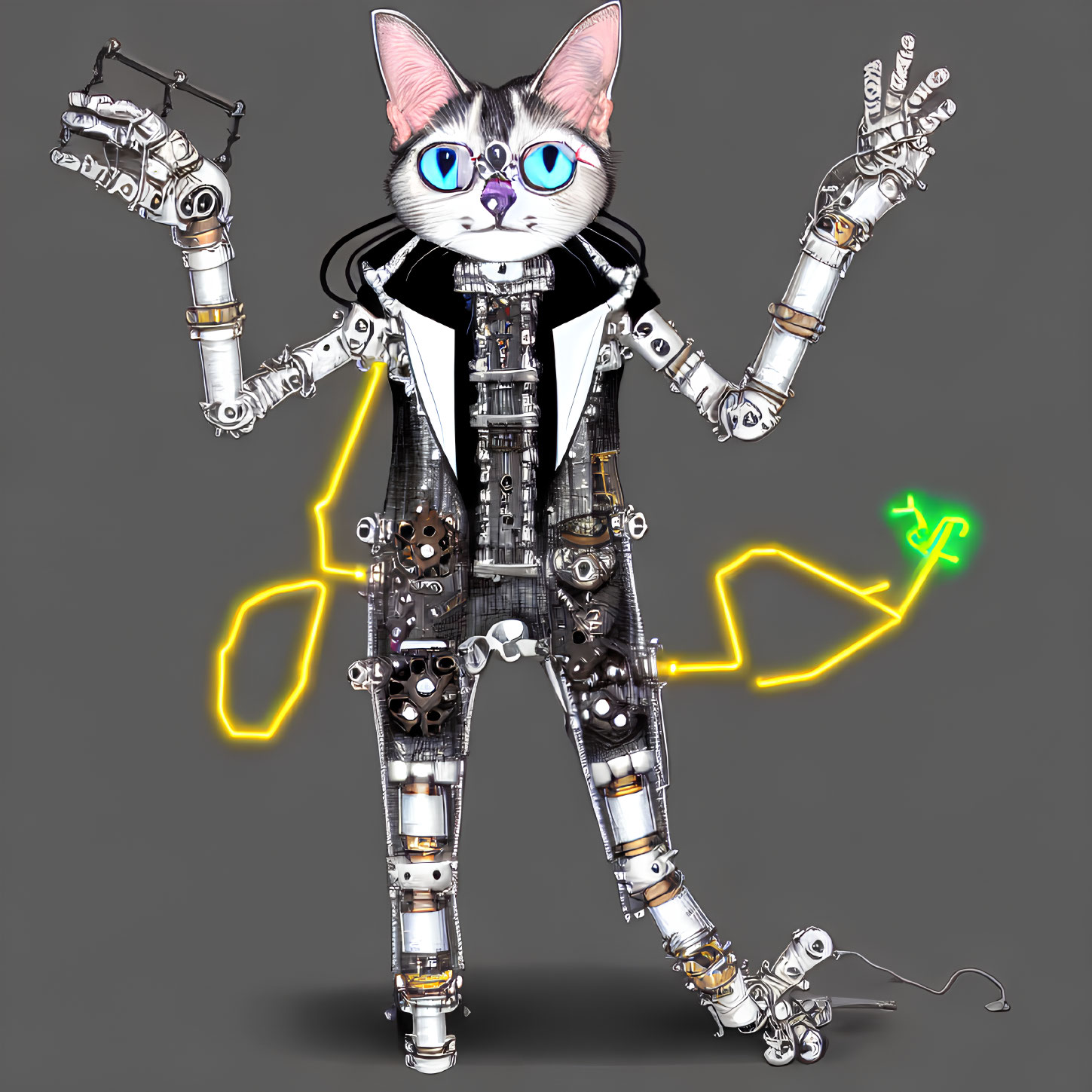 Anthropomorphic cat with mechanical body and neon details holding USB plug