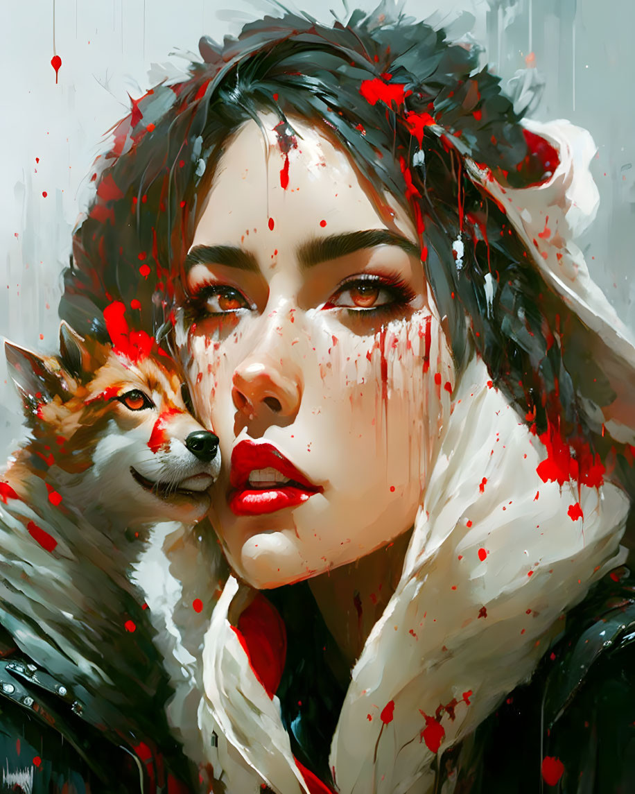painting of little red riding hood & a baby wolf